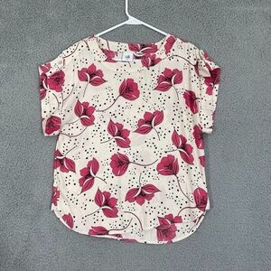 CAbi‎ Blouse Women XS Cream Fuchsia Floral Scoop Neck Boxy Business Casual Top